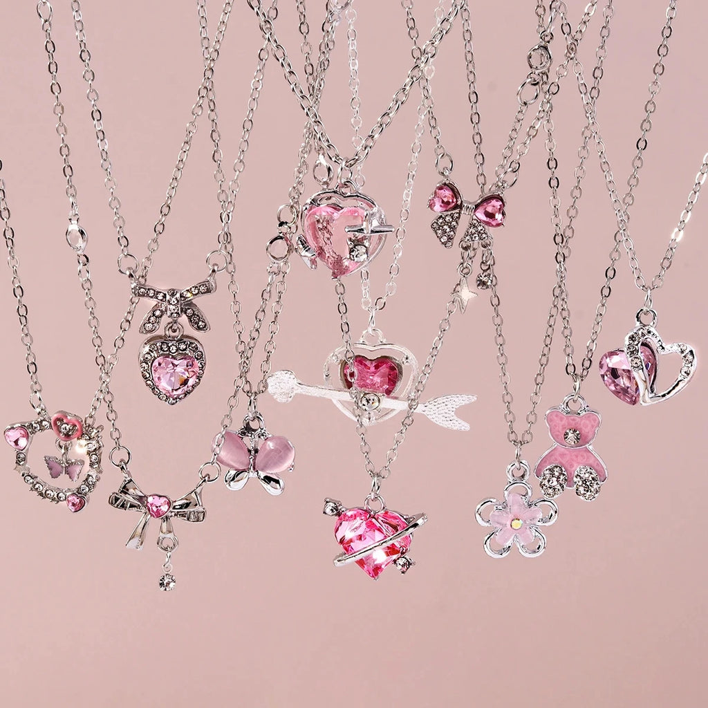 Premium Imported Y2K Crystal Pink Zircon Heart & Bowknot Necklace