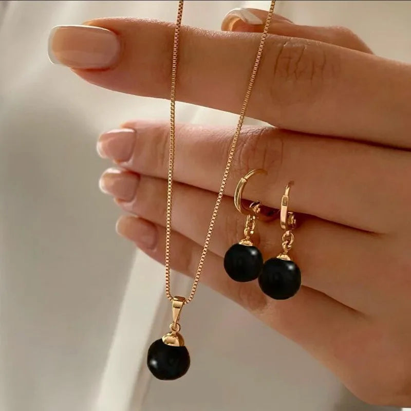 Fashion Elegant Imitation Pearl Pendant Necklace Earrings Set for Women Vintage Gold Color Chain Girl Wedding Party Jewelry Gift