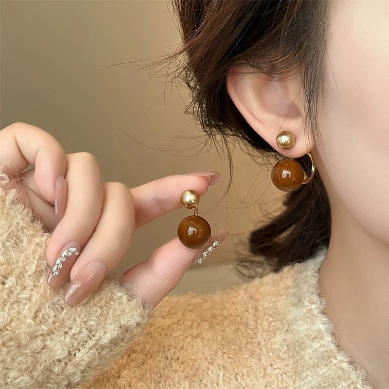 925 Silver Needle Korean Vintage Brown Pearl Earrings For Women Jewelry 2026 Trending New Luxury Women's Red Ball Earrings gifts