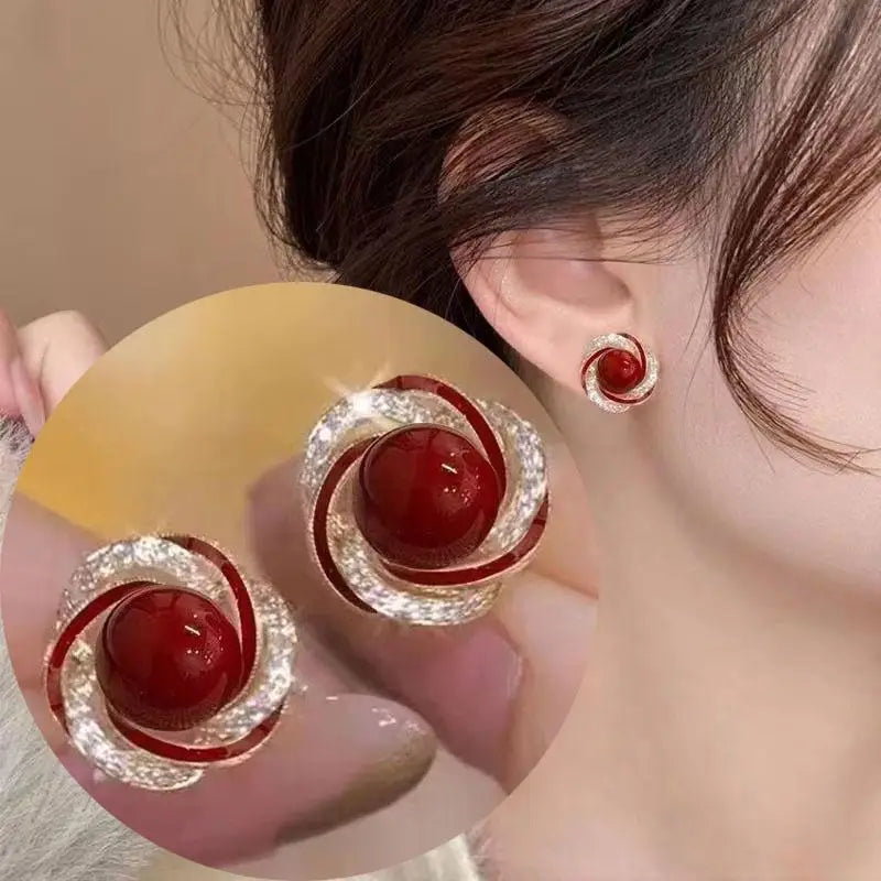 925 Silver Needle Korean Vintage Brown Pearl Earrings For Women Jewelry 2026 Trending New Luxury Women's Red Ball Earrings gifts