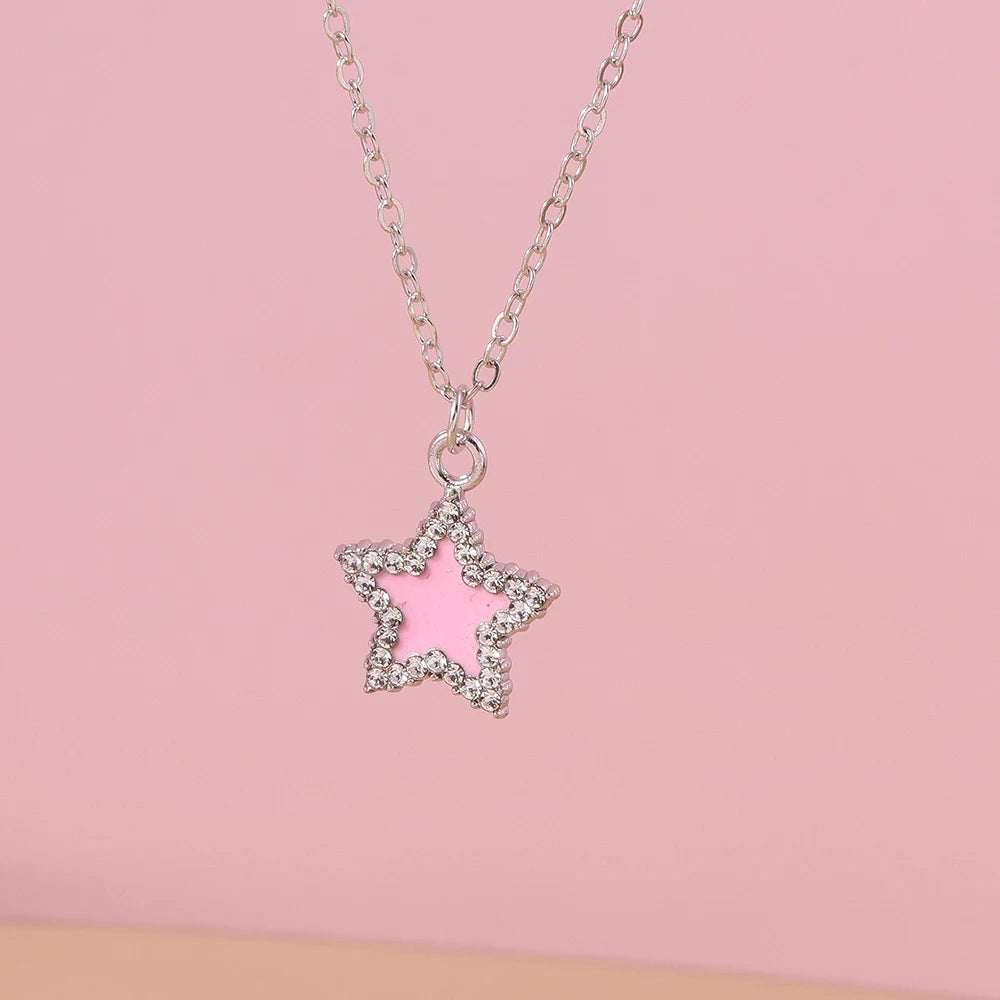 Delicate Y2k Crystal Pink Zircon Heart Necklace for Women Girl Bowknot Pendant Necklace Chain Party Jewelry Gifts