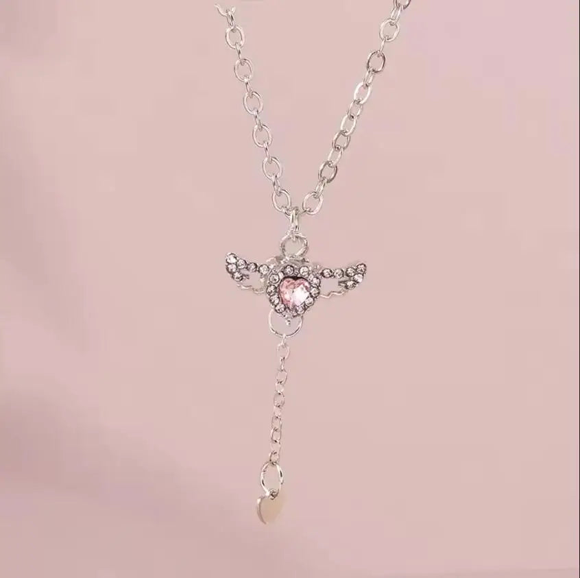 Delicate Y2k Crystal Pink Zircon Heart Necklace for Women Girl Bowknot Pendant Necklace Chain Party Jewelry Gifts