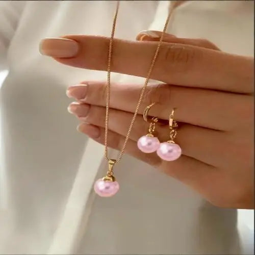 Fashion Elegant Imitation Pearl Pendant Necklace Earrings Set for Women Vintage Gold Color Chain Girl Wedding Party Jewelry Gift