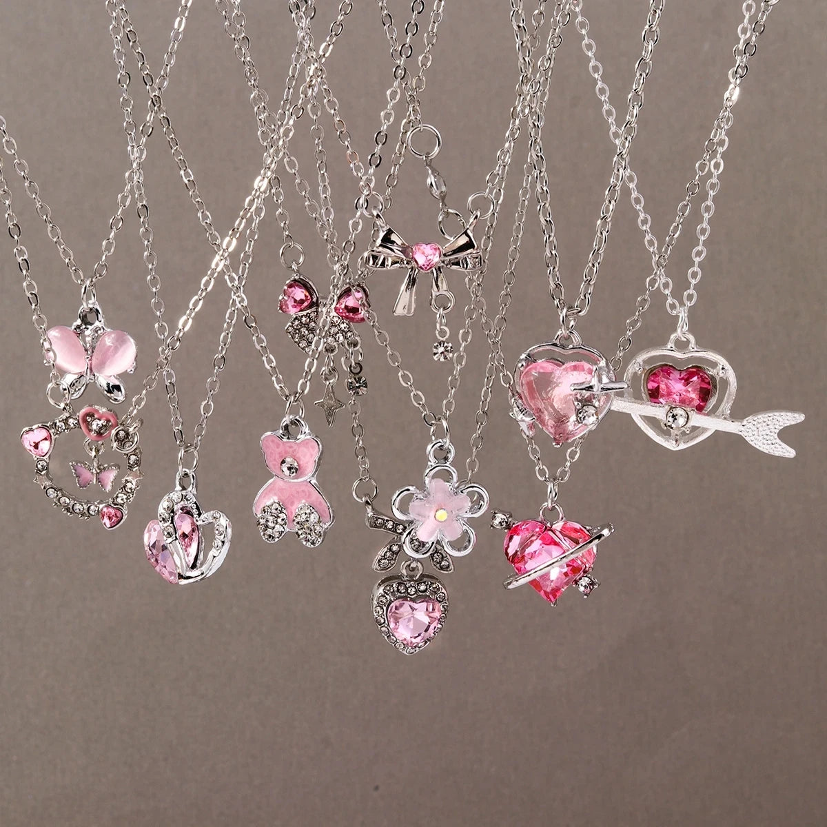 Delicate Y2k Crystal Pink Zircon Heart Necklace for Women Girl Bowknot Pendant Necklace Chain Party Jewelry Gifts