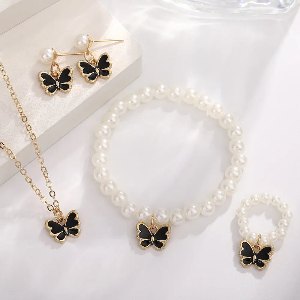 4pcs/Set Sweet Jewelry Set Butterfly Pendant Imitation Pearl Necklace for Women Pearl Earrings Girl Jewellery Women Gift