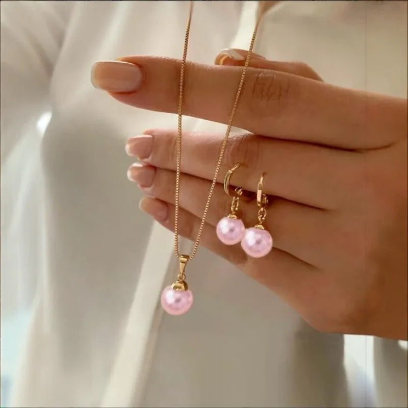 Fashion Elegant Imitation Pearl Pendant Necklace Earrings Set for Women Vintage Gold Color Chain Girl Wedding Party Jewelry Gift