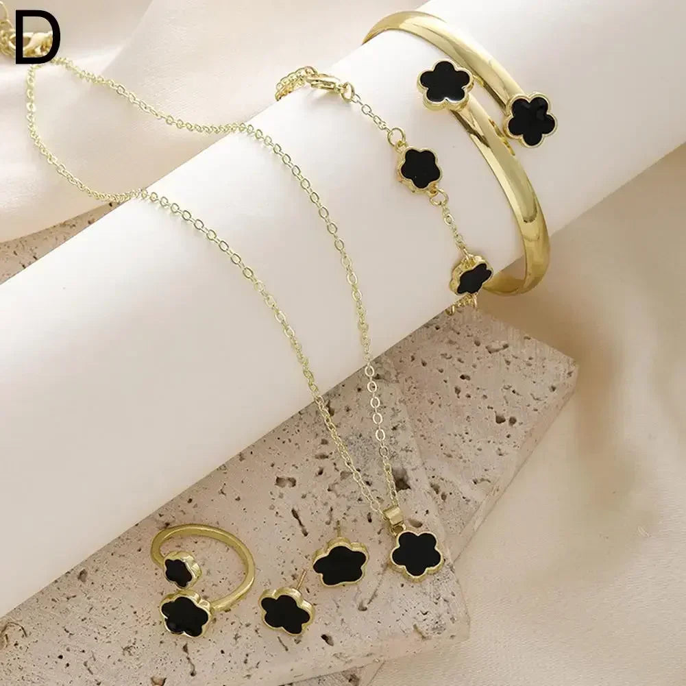 5pcs/set Luxury Quality Jewelry Sets Plum Blossom Plant Five Leaf Flower Women's Earrings Rings Bracelet Necklace Bangles Gift