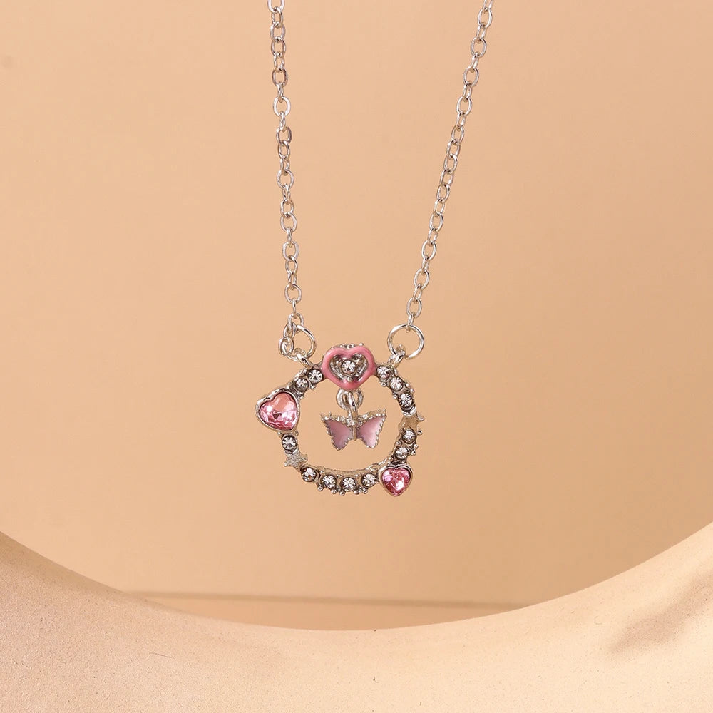 Delicate Y2k Crystal Pink Zircon Heart Necklace for Women Girl Bowknot Pendant Necklace Chain Party Jewelry Gifts