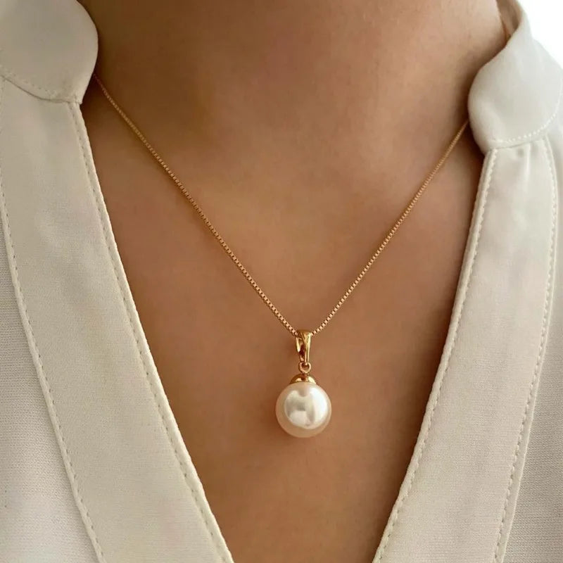 Fashion Elegant Imitation Pearl Pendant Necklace Earrings Set for Women Vintage Gold Color Chain Girl Wedding Party Jewelry Gift