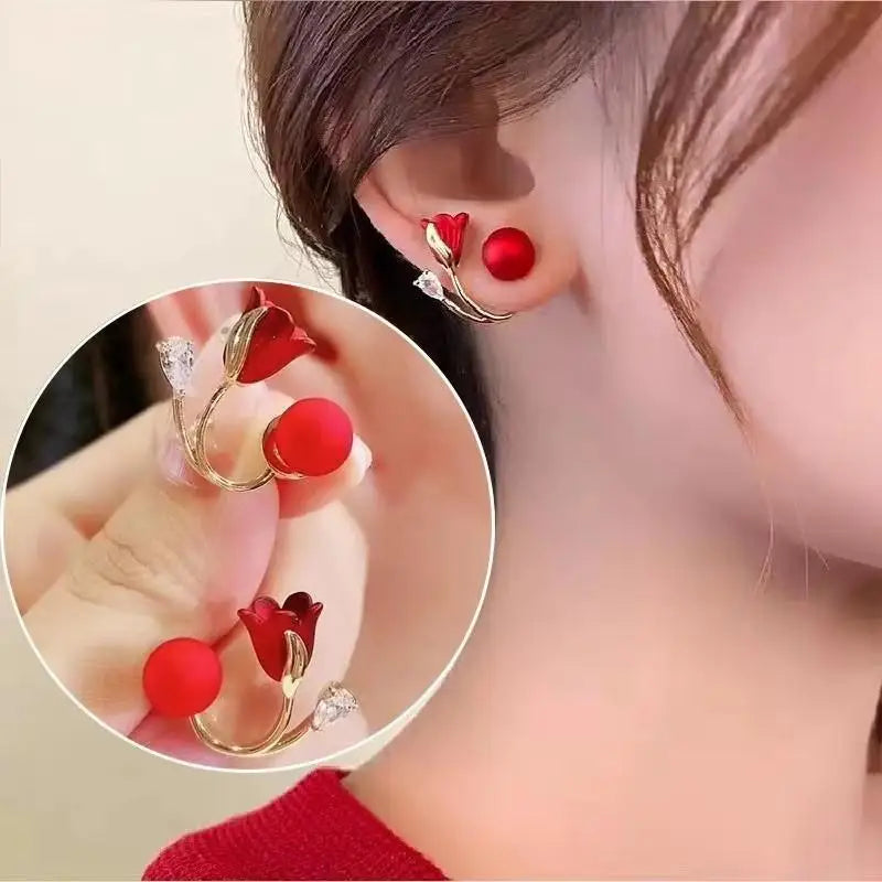 925 Silver Needle Korean Vintage Brown Pearl Earrings For Women Jewelry 2026 Trending New Luxury Women's Red Ball Earrings gifts
