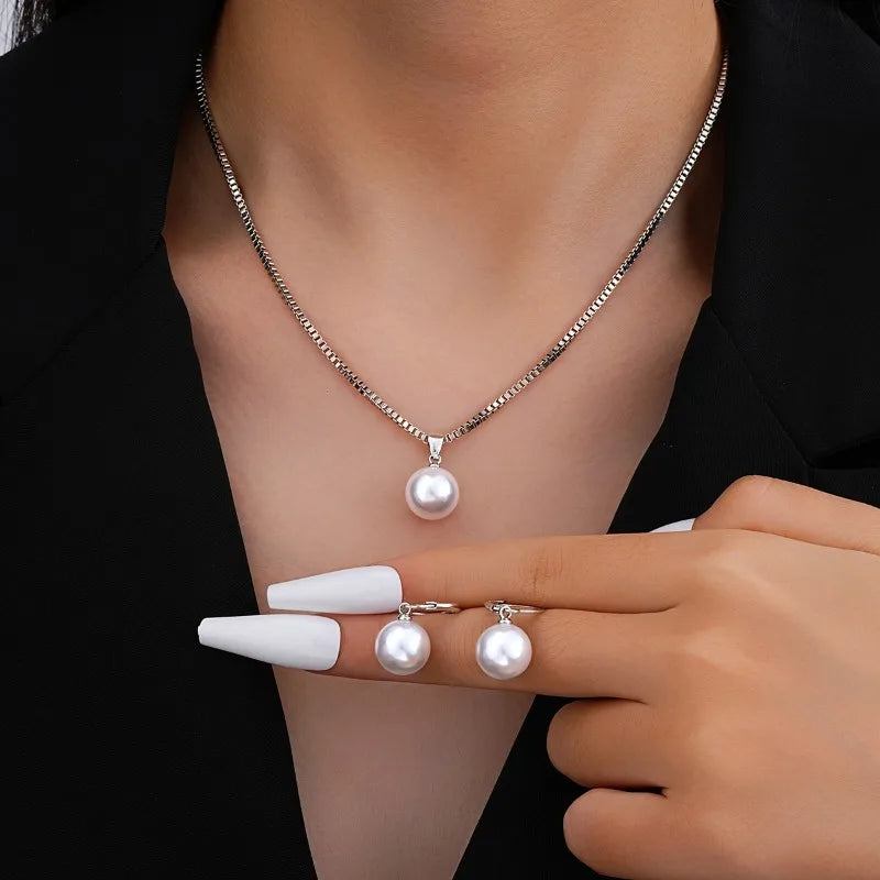 Fashion Elegant Imitation Pearl Pendant Necklace Earrings Set for Women Vintage Gold Color Chain Girl Wedding Party Jewelry Gift