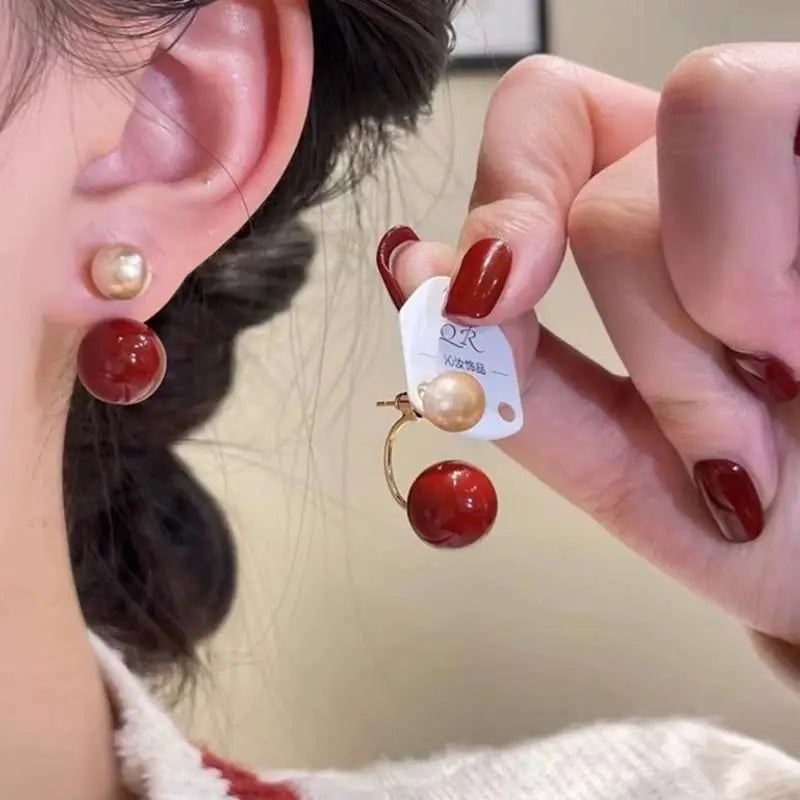 925 Silver Needle Korean Vintage Brown Pearl Earrings For Women Jewelry 2026 Trending New Luxury Women's Red Ball Earrings gifts