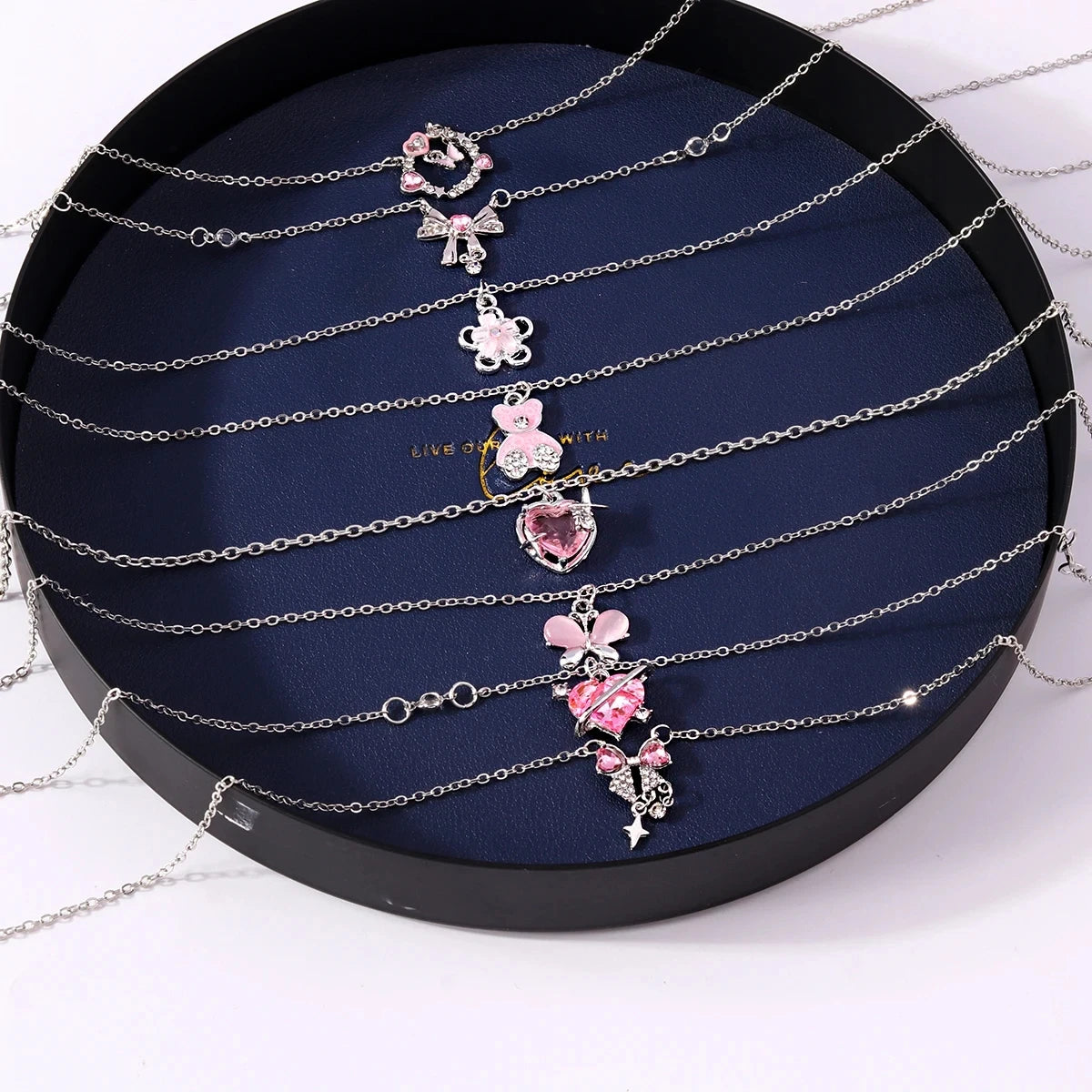 Delicate Y2k Crystal Pink Zircon Heart Necklace for Women Girl Bowknot Pendant Necklace Chain Party Jewelry Gifts