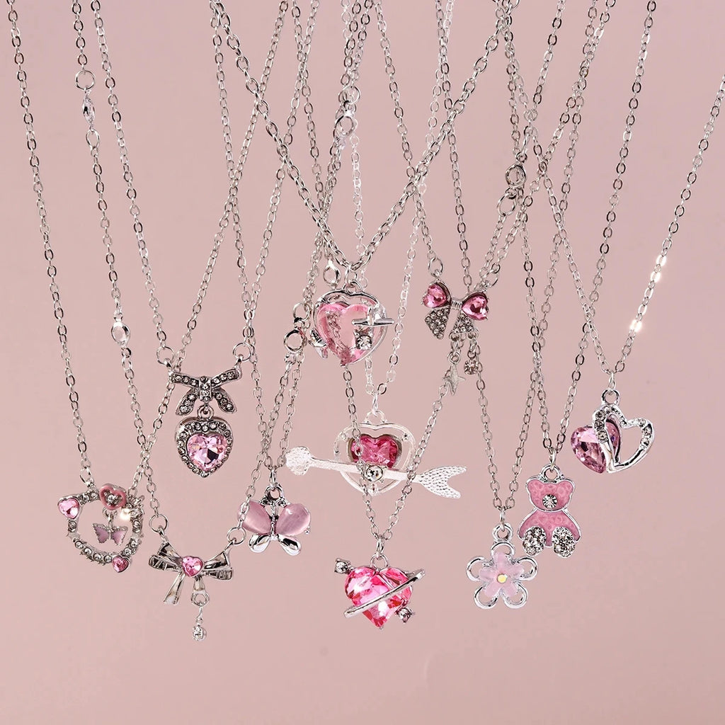 Premium Imported Y2K Crystal Pink Zircon Heart & Bowknot Necklace