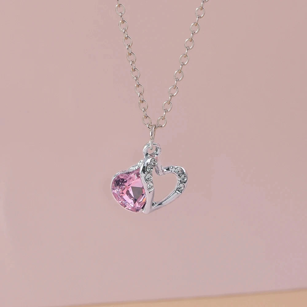 Delicate Y2k Crystal Pink Zircon Heart Necklace for Women Girl Bowknot Pendant Necklace Chain Party Jewelry Gifts