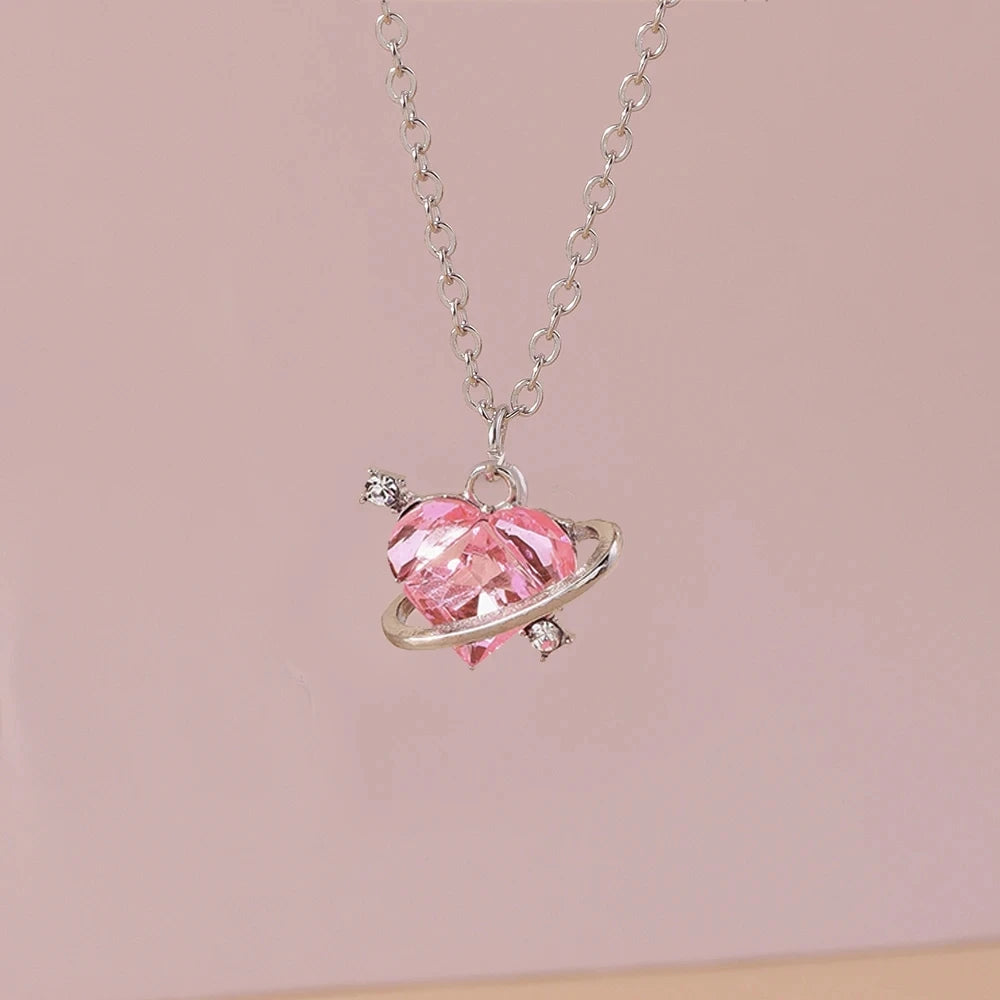 Delicate Y2k Crystal Pink Zircon Heart Necklace for Women Girl Bowknot Pendant Necklace Chain Party Jewelry Gifts
